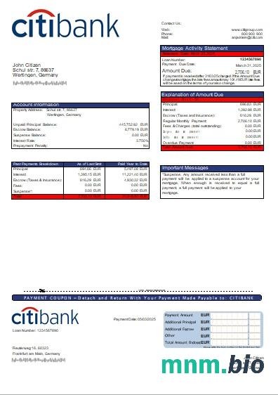 Niemcy Bank Citibank wyciąg z kredytu hipotecznego szablon Word i PDF